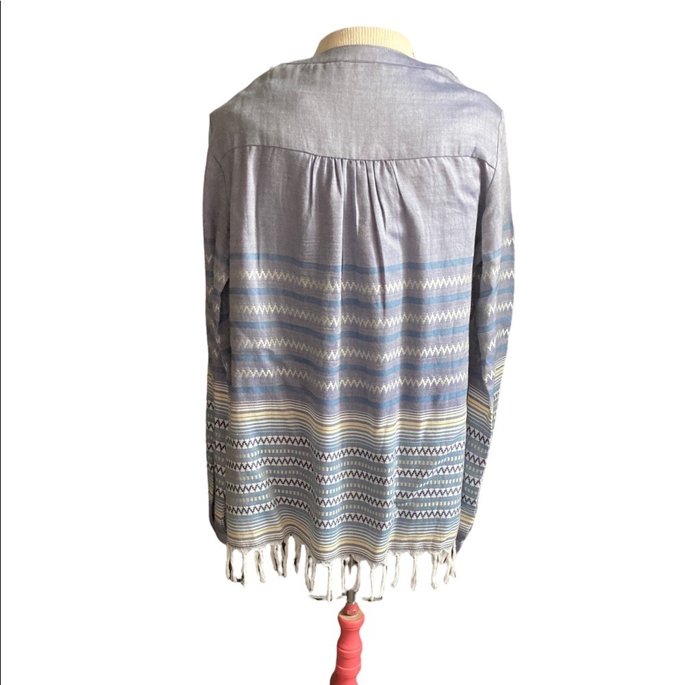 Dylan long sleeved Boho top with tie fringe. Size small. Denim blue/silver/gold - Picture 5 of 6